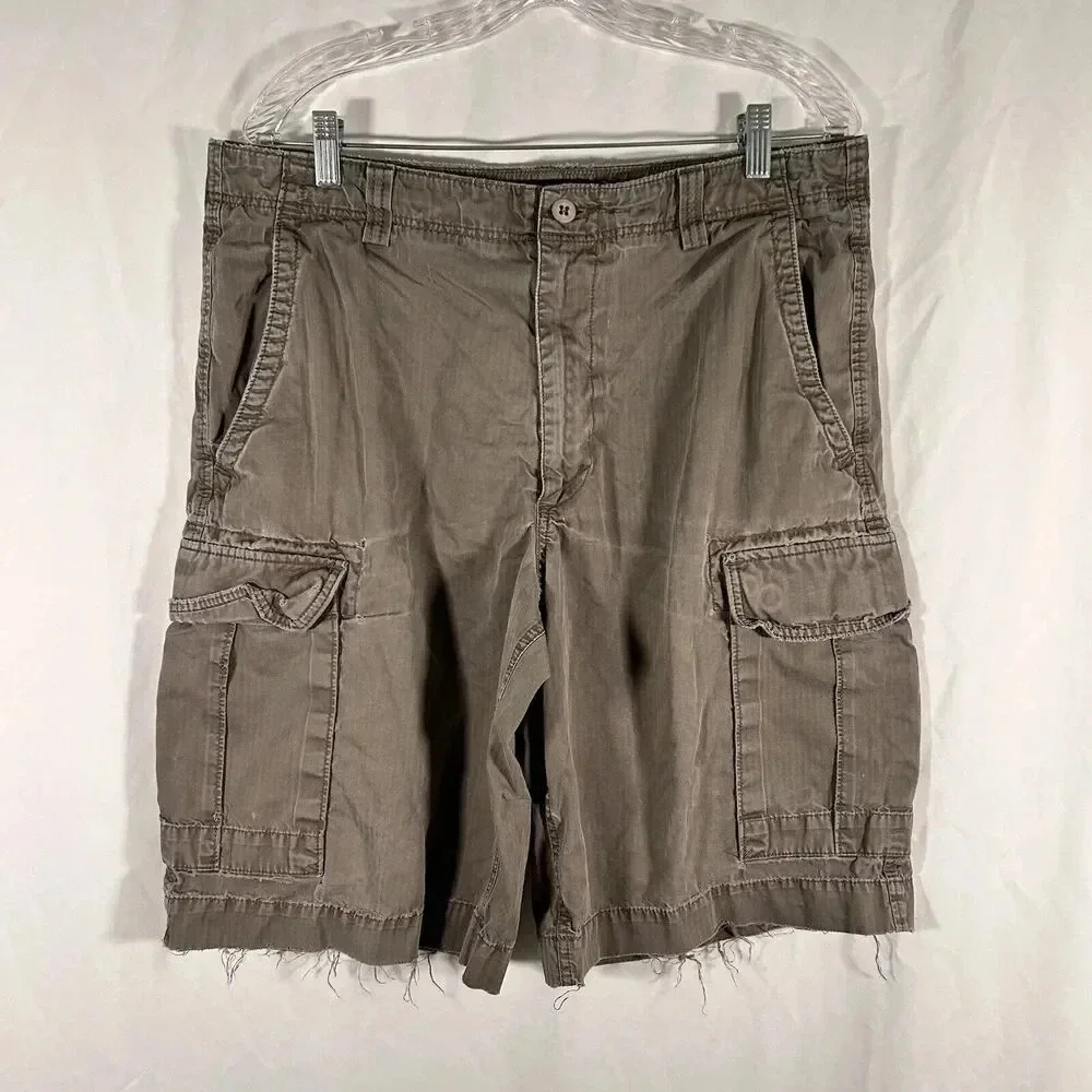 Banana Republic Cargo Shorts Men's 35 Grey Button Zip 100% Cotton Distressed
